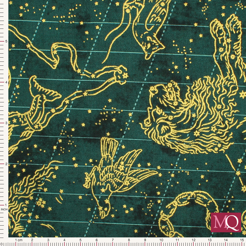 Cotton quilting fabric with night sky constellation theme with gold highlights