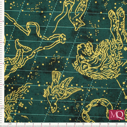 Cotton quilting fabric with night sky constellation theme with gold highlights