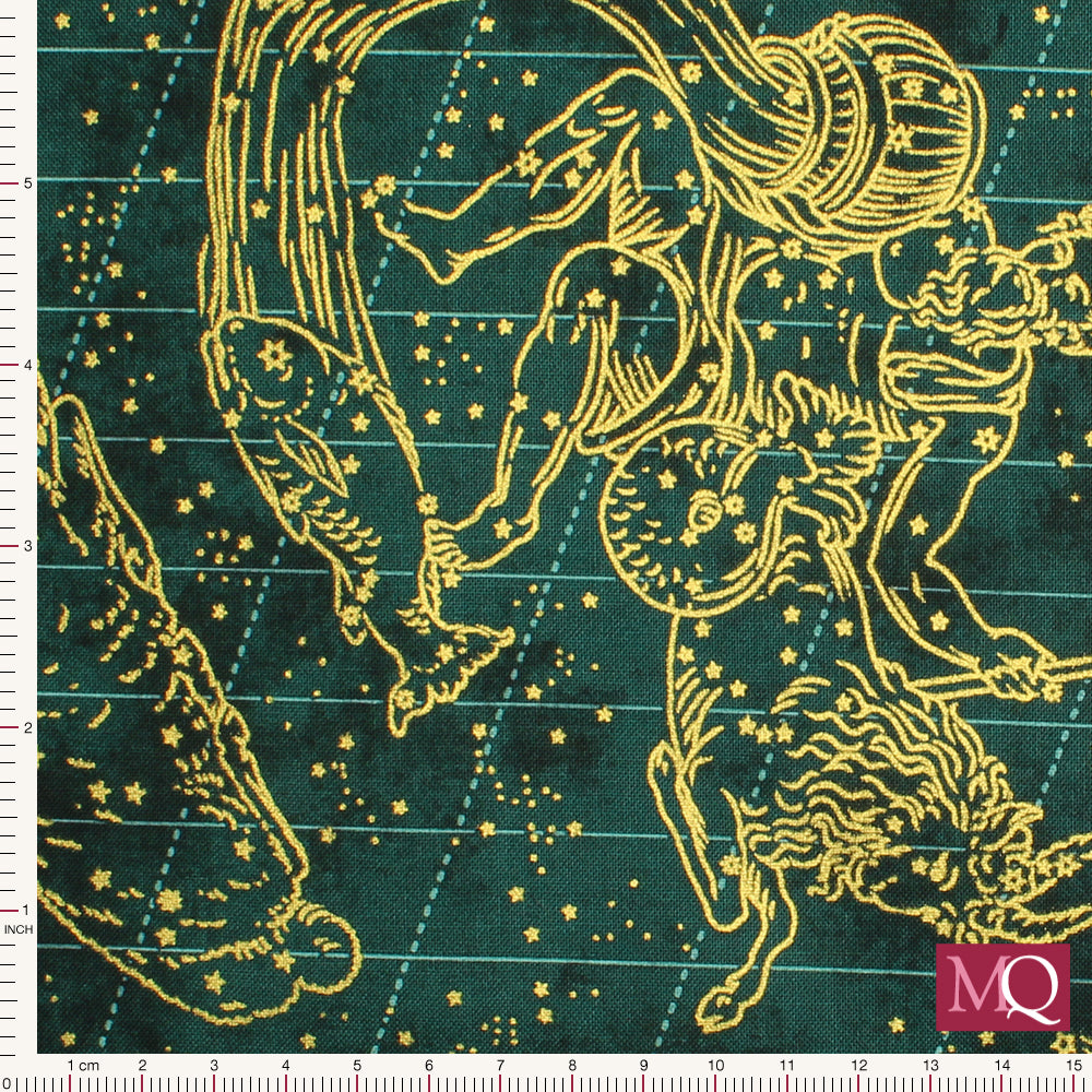 Cotton quilting fabric with night sky constellation theme with gold highlights