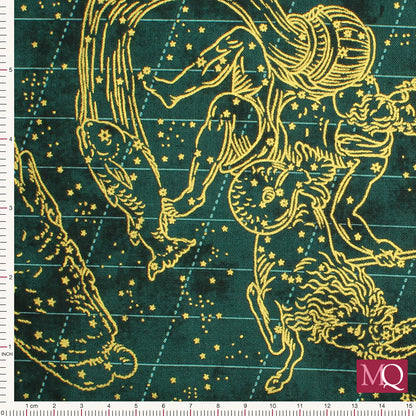 Cotton quilting fabric with night sky constellation theme with gold highlights