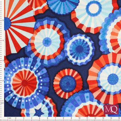 Cotton quilting fabric with bright red, white and blue rosettes and subtle American flags