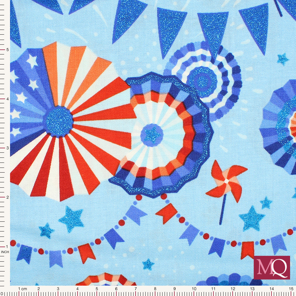 Cotton quilting fabric with red white and blue theme featuring rosettes, bunting and stars