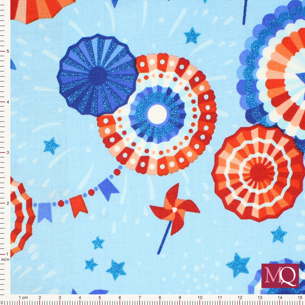 Cotton quilting fabric with red white and blue theme featuring rosettes, bunting and stars