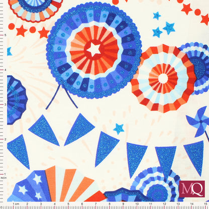 Cotton quilting fabric with American flags, bunting and rosettes