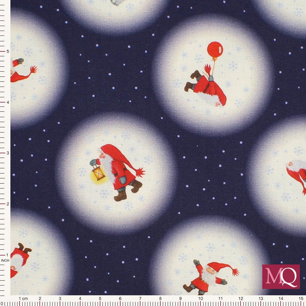 Cotton quilting fabric with Christmas theme featuring glowing snowballs and Father Christmas in a variety of poses