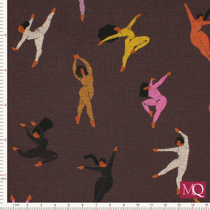 Cotton quilting fabric with dancers on plum background