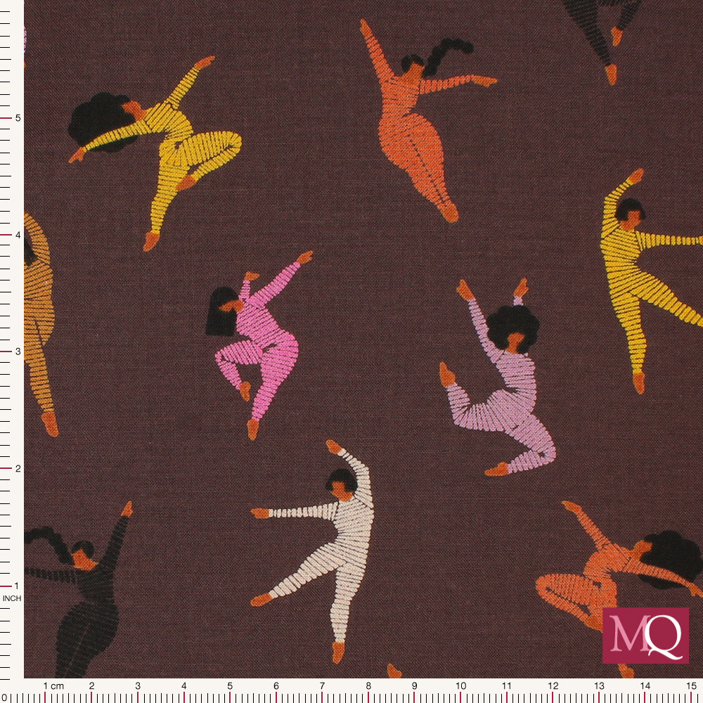 Cotton quilting fabric with dancers on plum background