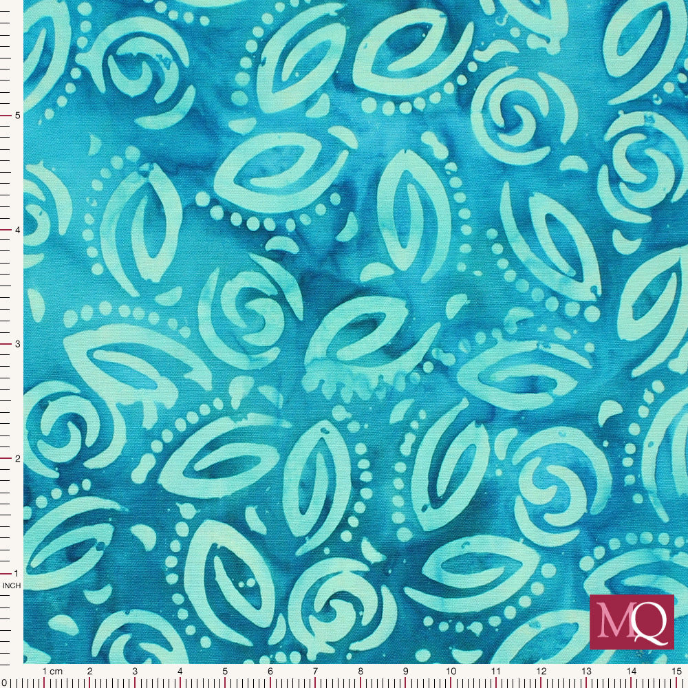 Cotton quilting batik fabric featuring light turquoise swirls and dots on a darker turquoise background