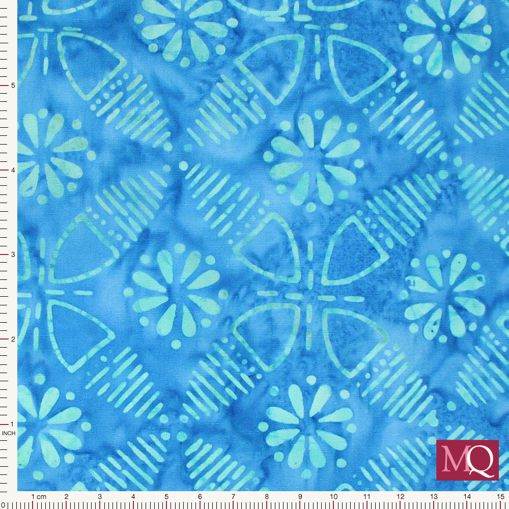 Cotton quilting fabric with tonal blue geometric batik pattern