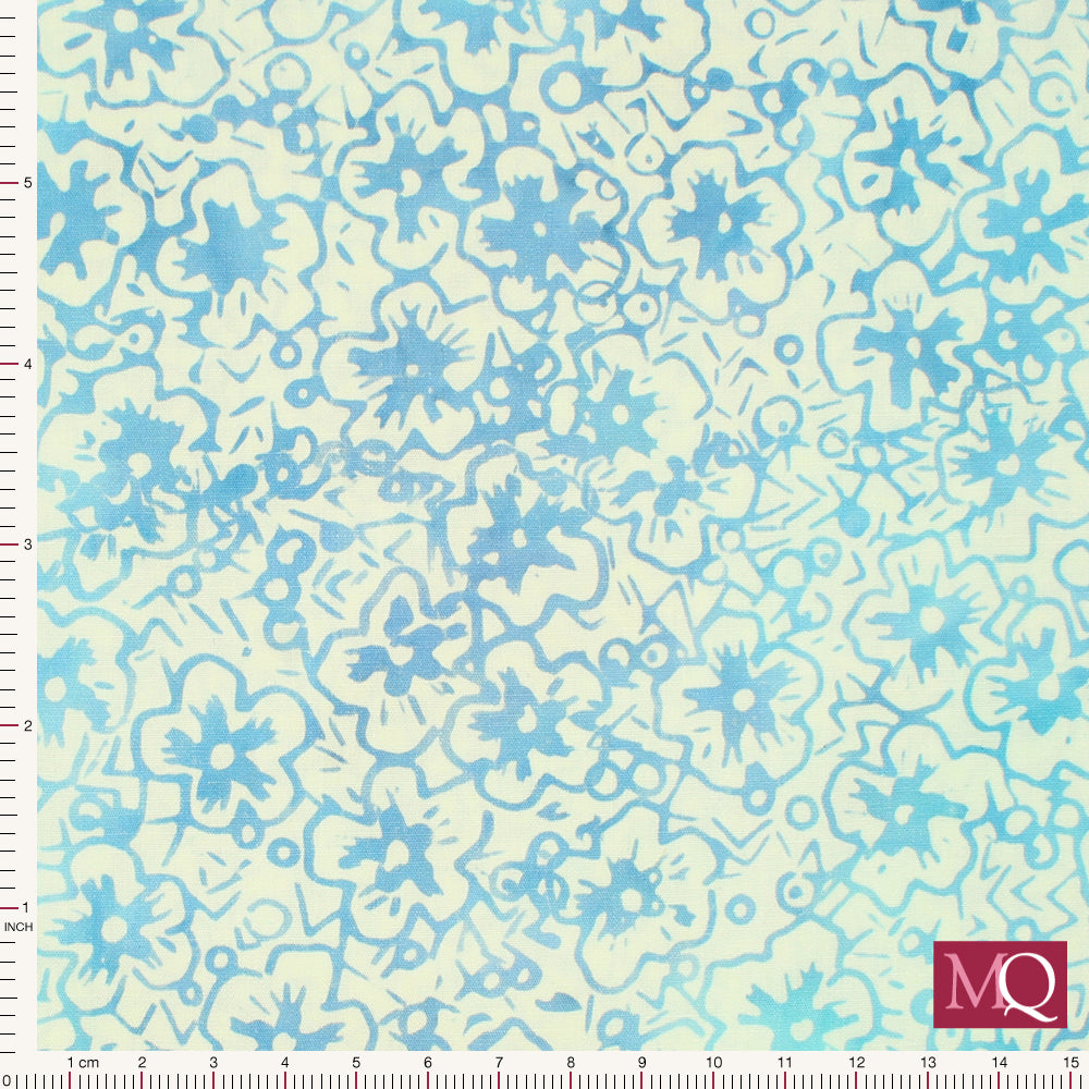 Cotton quilting fabric with light blue flower outlines on white in a batik style