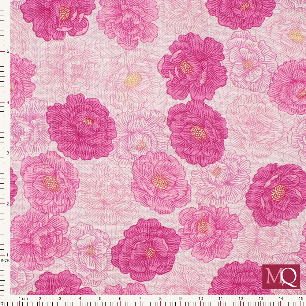Cotton quilting fabric with tonal pink peony all-over print