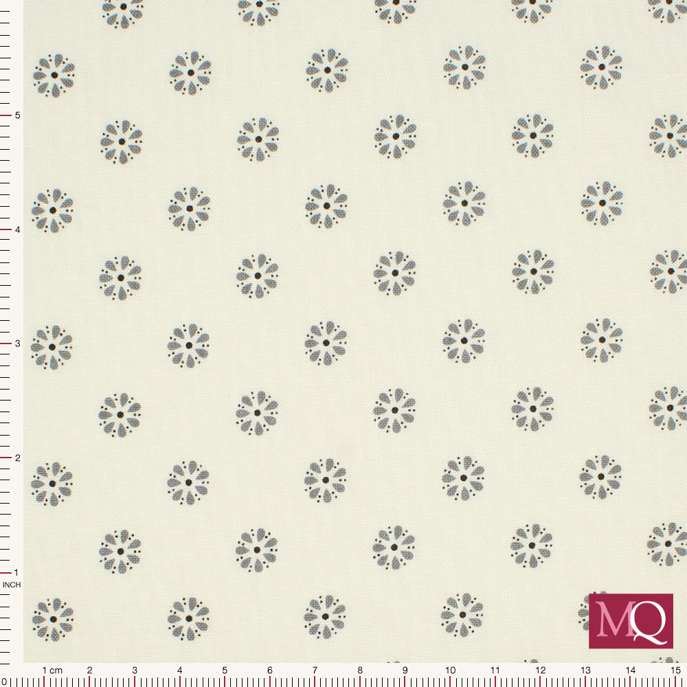 Cotton quilting fabric with detailed polkadots in dark grey on off white background