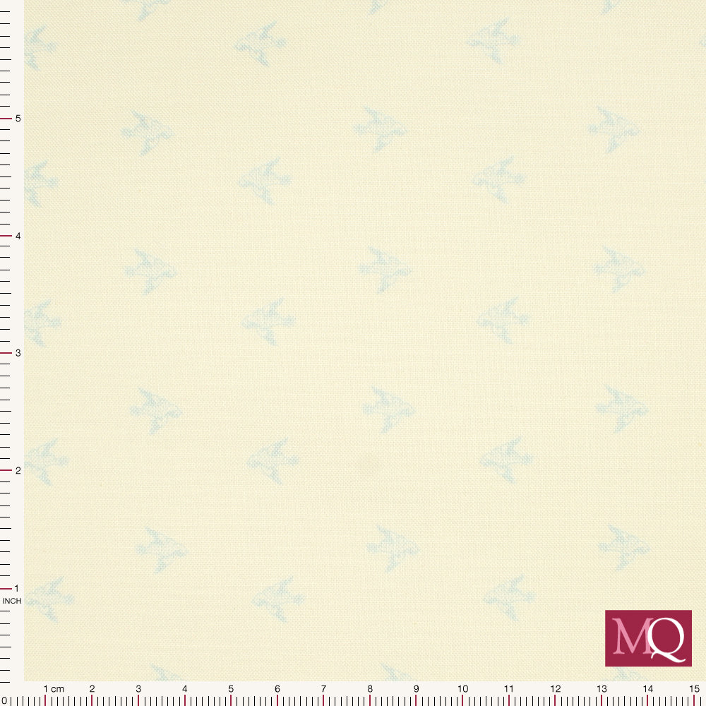 Cotton quilting fabric in cream colour with very delicate small pale blue birds