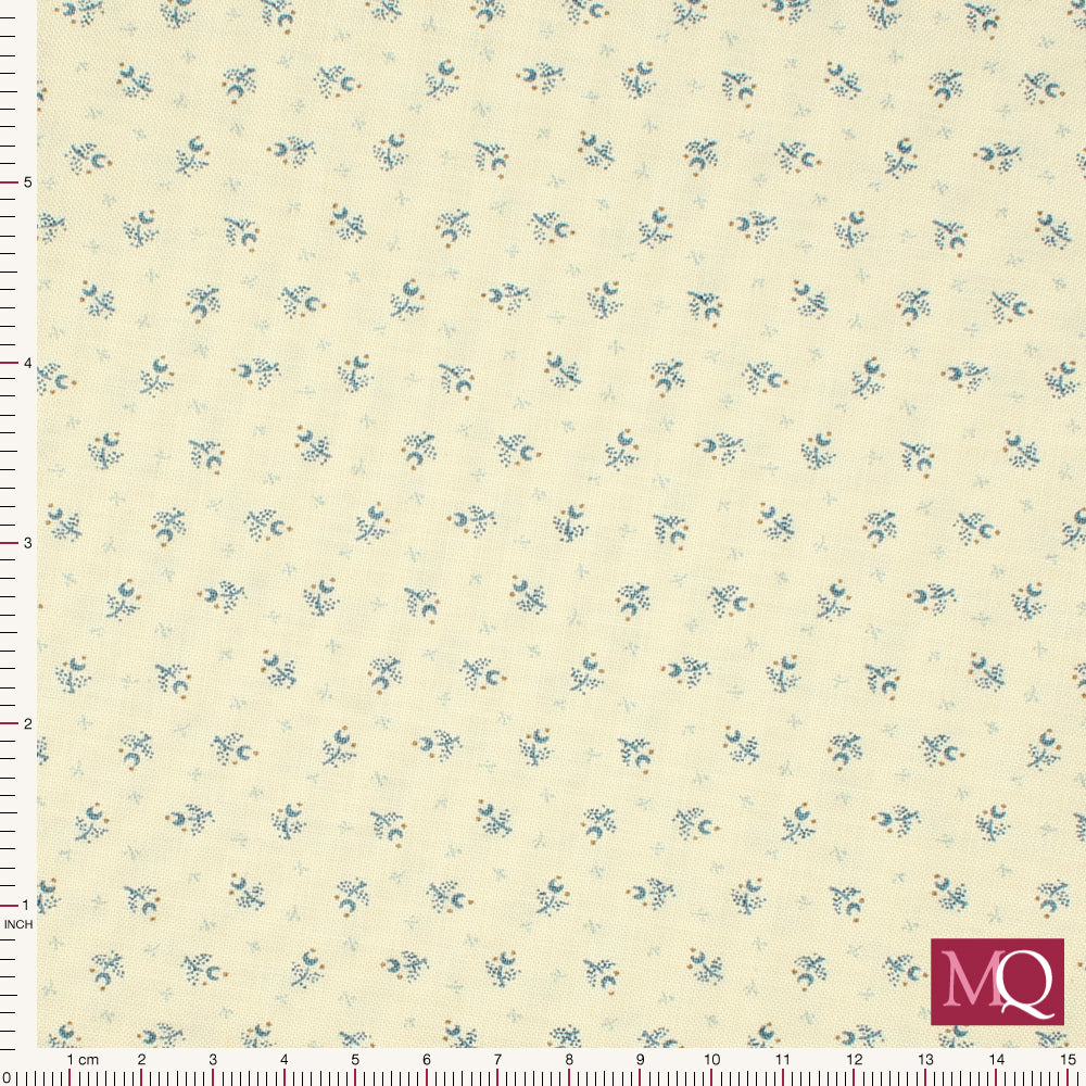 Cotton quilting fabric with vintage inspired delicate floral pattern on cream background