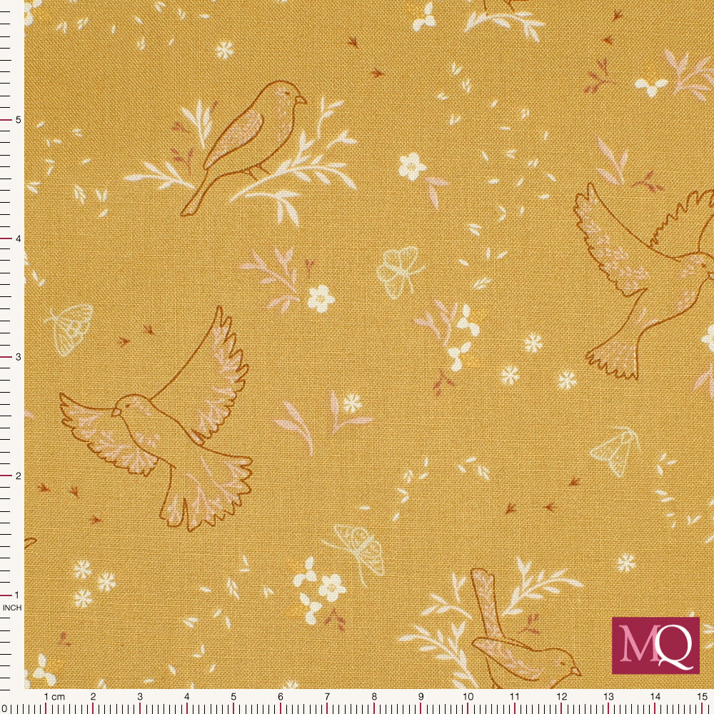 Cotton quilting fabric in mustard yellow with delicate print of birds, butterflies and flowers