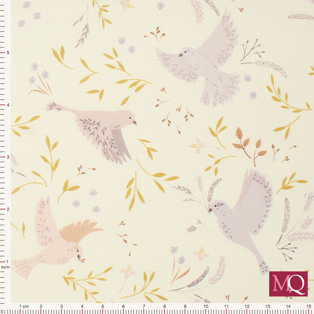 Cotton quilting fabric with muted tones and a delicate bird pattern