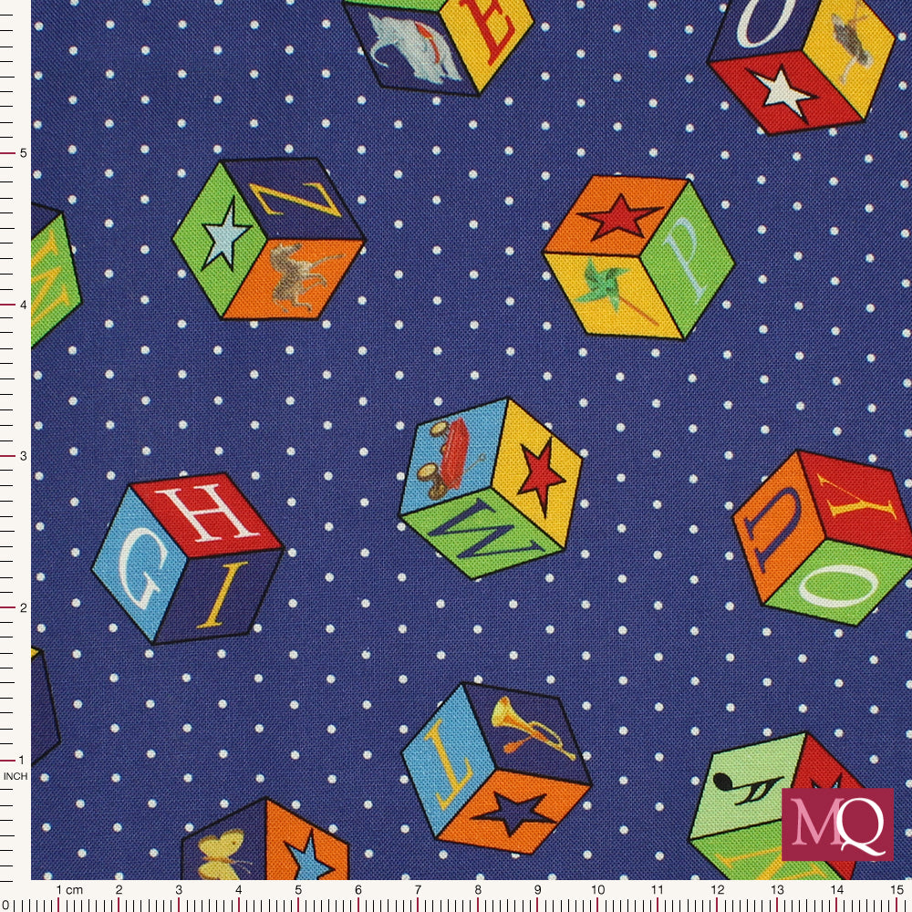 Cotton quilting fabric with nursery pattern featuring building blocks with letters