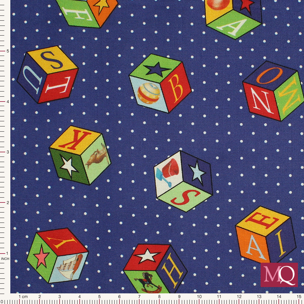 Cotton quilting fabric with nursery pattern featuring building blocks with letters