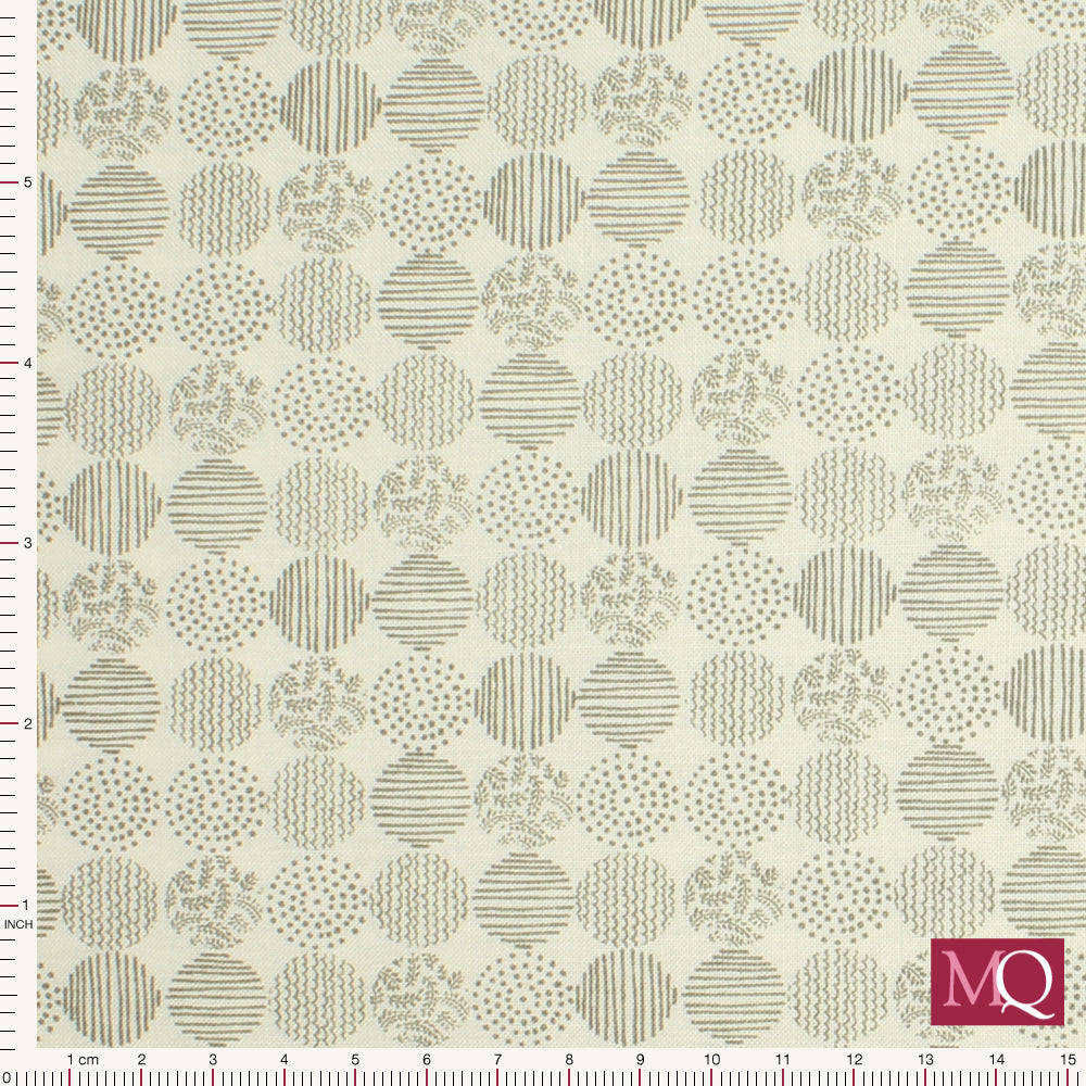 Cotton quilting fabric with grey dots on off-white background with delicate patterns