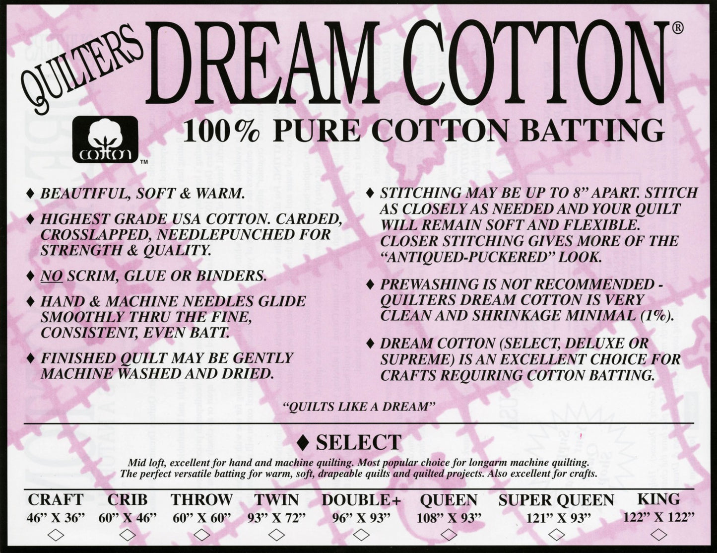 Dream Select Cotton Wadding - 93” Wide (Queen width)