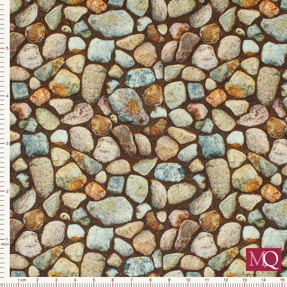 Cotton quilting fabric with realistic stones on brown background