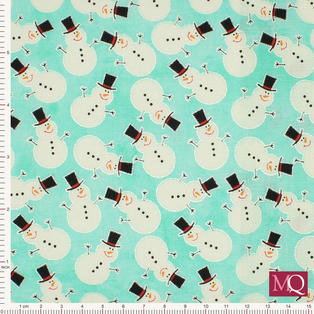 Cotton quilting fabric with novelty snowmen on mottled turquoise background