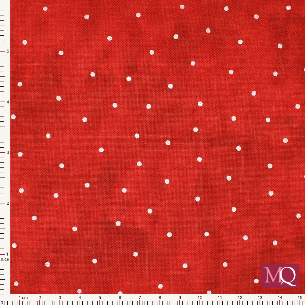 Cotton quilting fabric with silver dots on mottled red background
