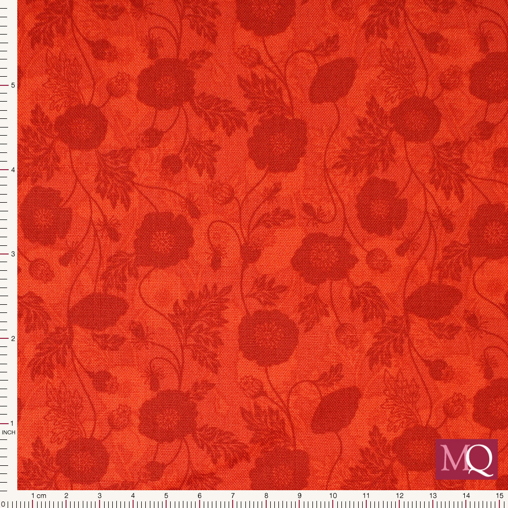 Cotton quilting fabric with red poppies on tonal red background with foliage