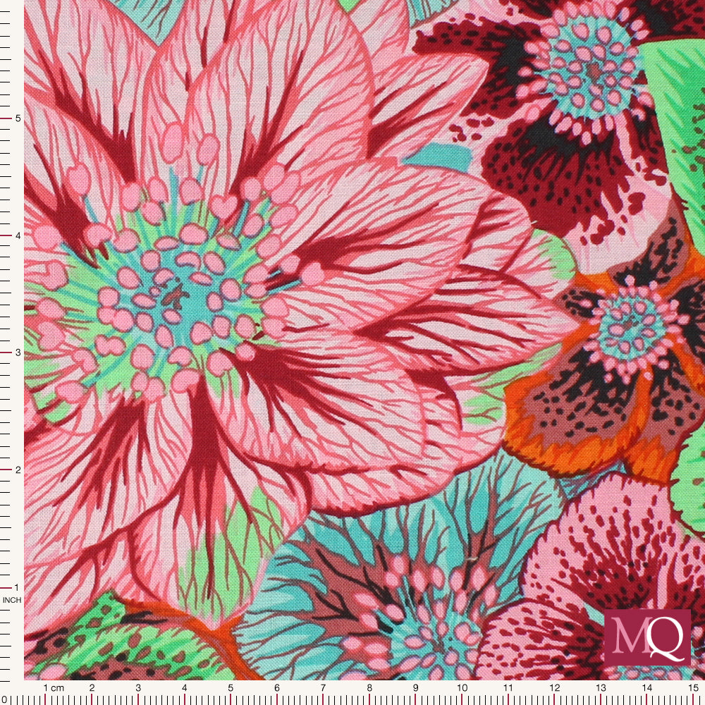 Cotton quilting fabric by Kaffe Fasset featuring bright floral design in pinkk, blue, green and orange