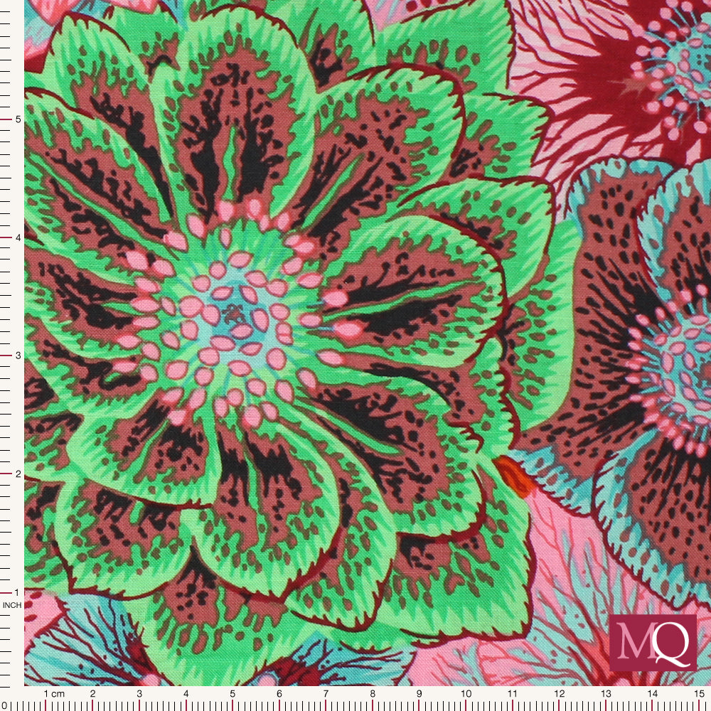 Cotton quilting fabric by Kaffe Fasset featuring bright floral design in pinkk, blue, green and orange