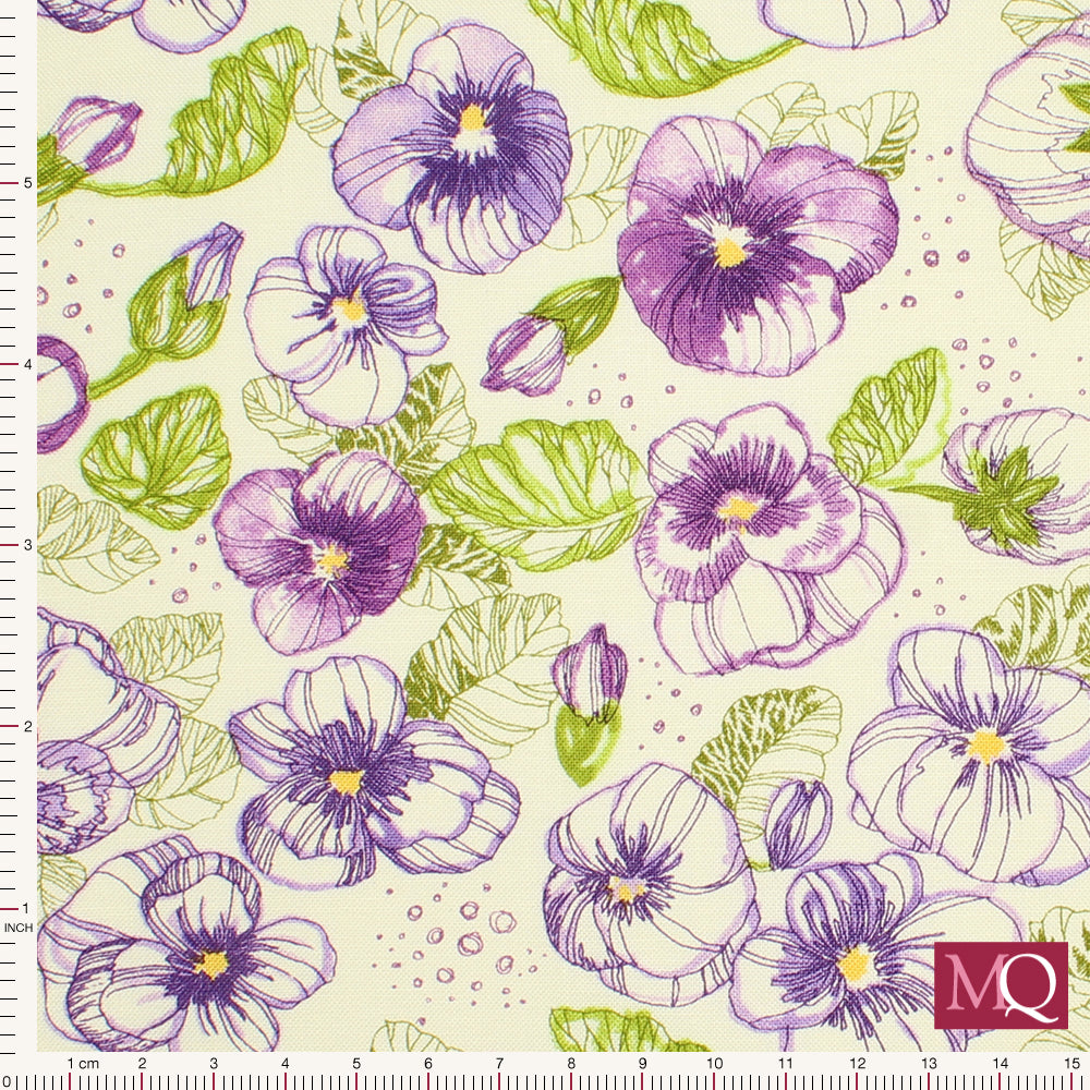 Cotton quilting fabric with hand drawn purple pansies on cream background with green leaves