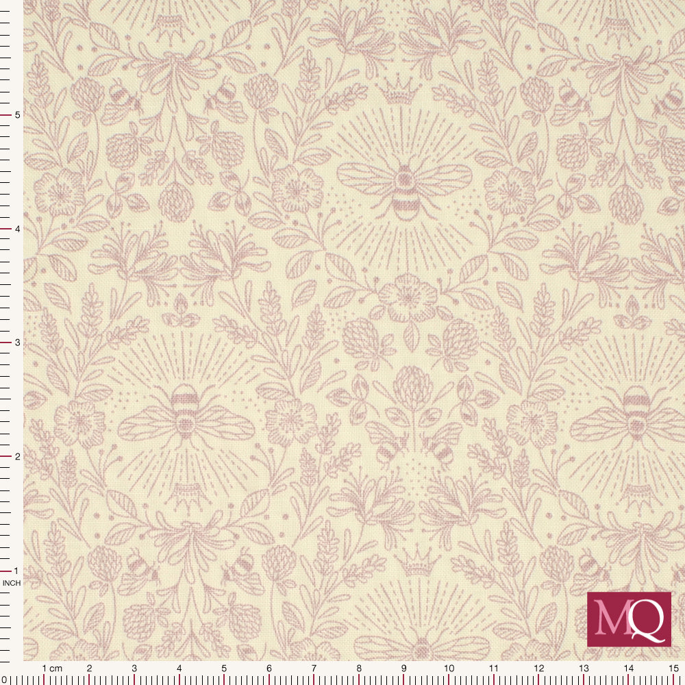 Cotton quilting fabric with delicate symmetrical bee and botanical design in mauve on cream background