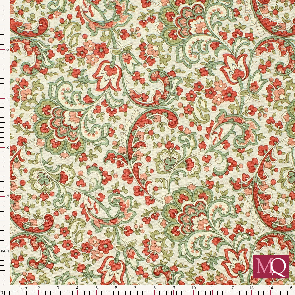 Cotton quilting fabric with floral paisley style design in red and green