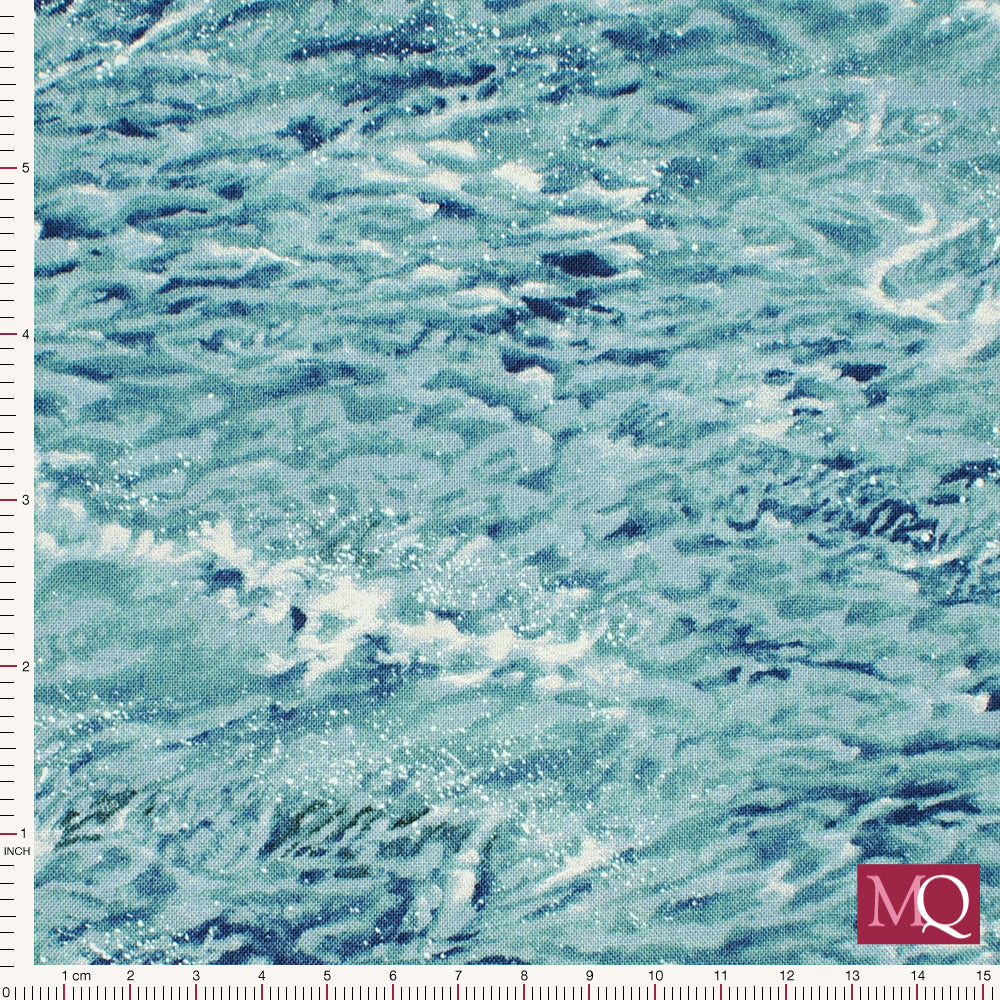 Cotton quilting fabric featuring natural sea waves and seafoam