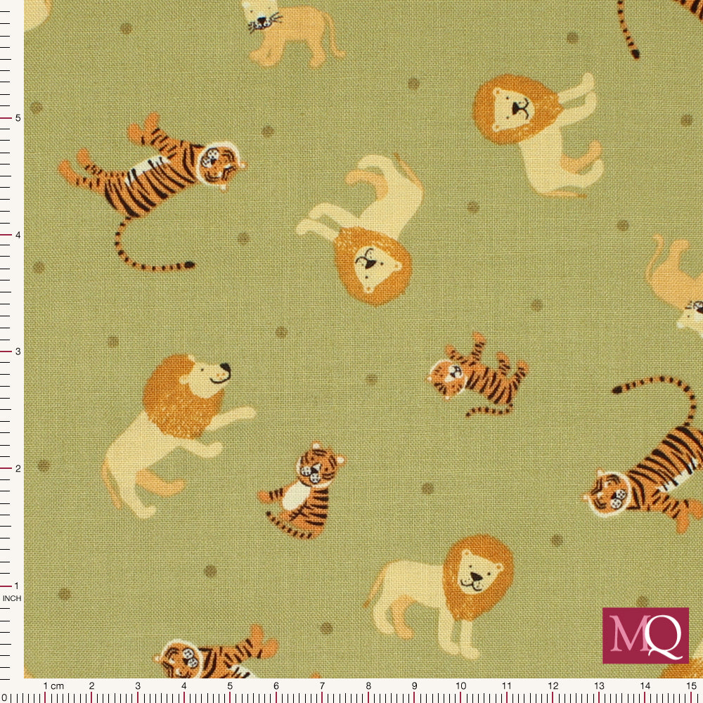 Cotton quilting fabric with all over smiling lions and tigers print on green backround