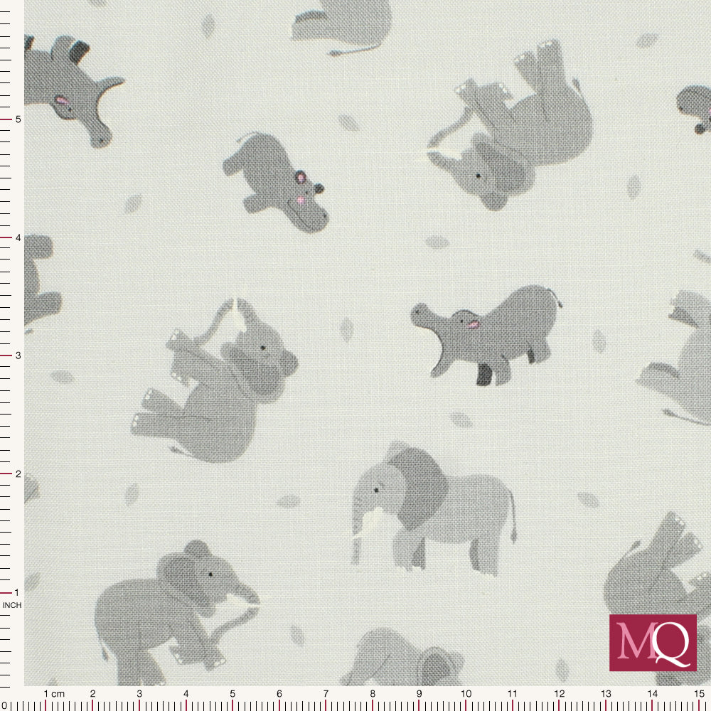 Cotton quilting fabric with grey elephants and hippos on tonal grey background