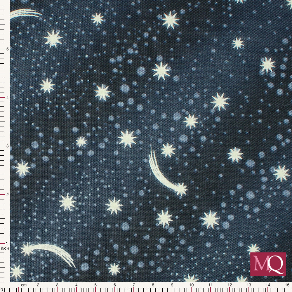 Cotton quilting fabric with glow in the dark stars on a navy background
