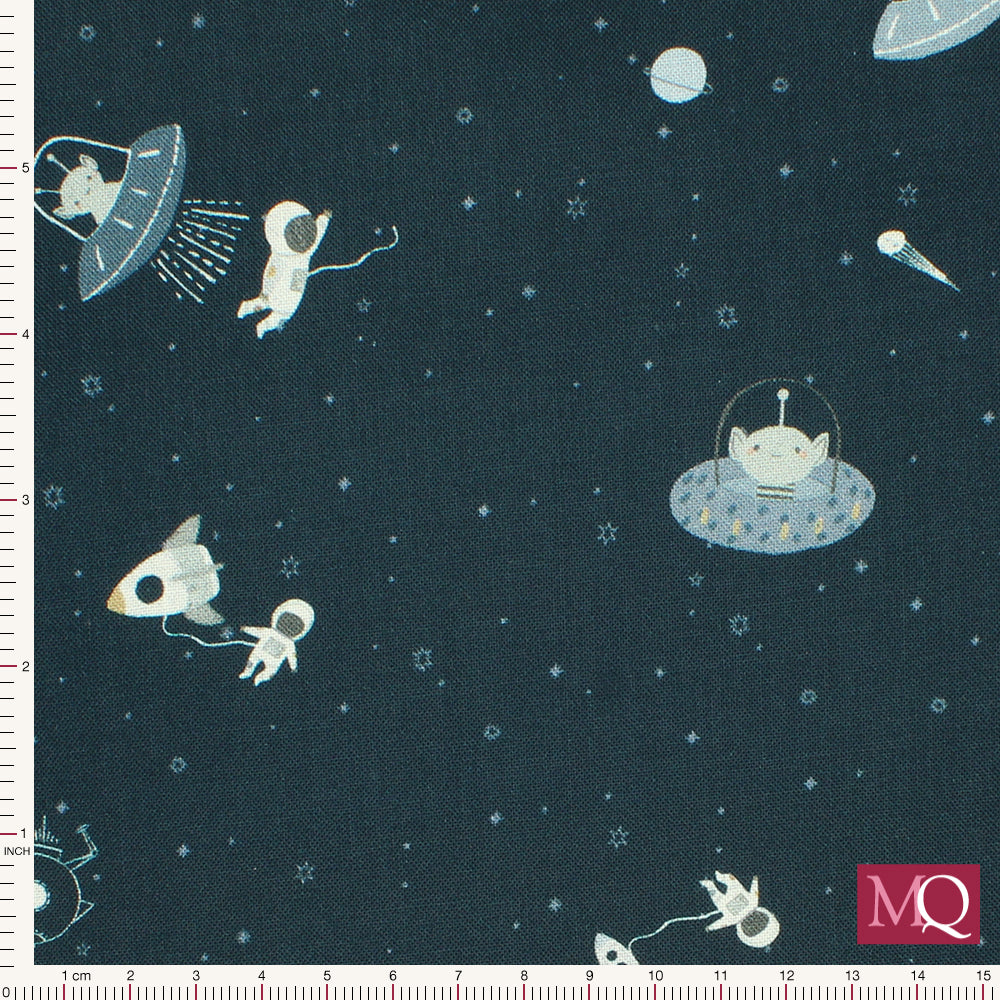 Cotton quilting fabric with modern novelty space design including aliens and astronauts