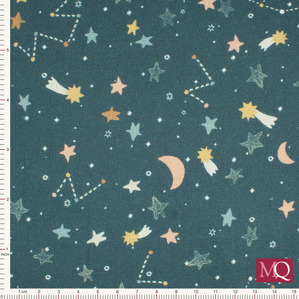 Cotton quilting fabric with modern illustrative space print on warm navy background featuring shooting stars, moons and constellations