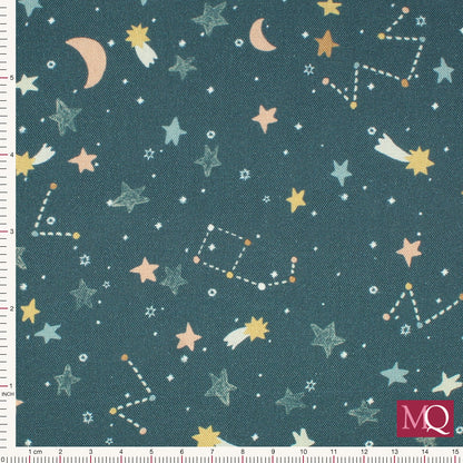 Cotton quilting fabric with modern illustrative space print on warm navy background featuring shooting stars, moons and constellations
