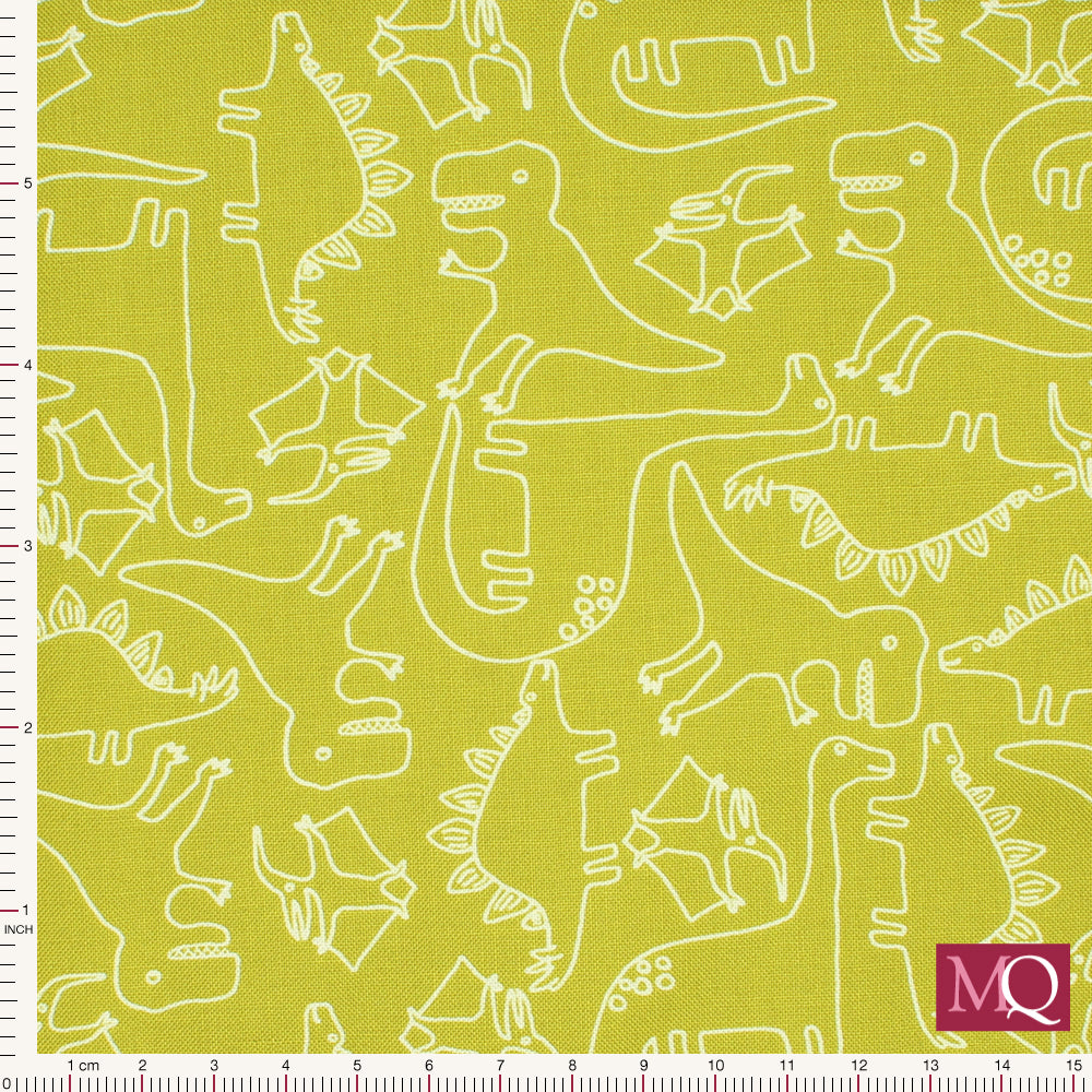 Cotton quilting fabric in muted chartreuse with modern white outlines of dinosaurs all over