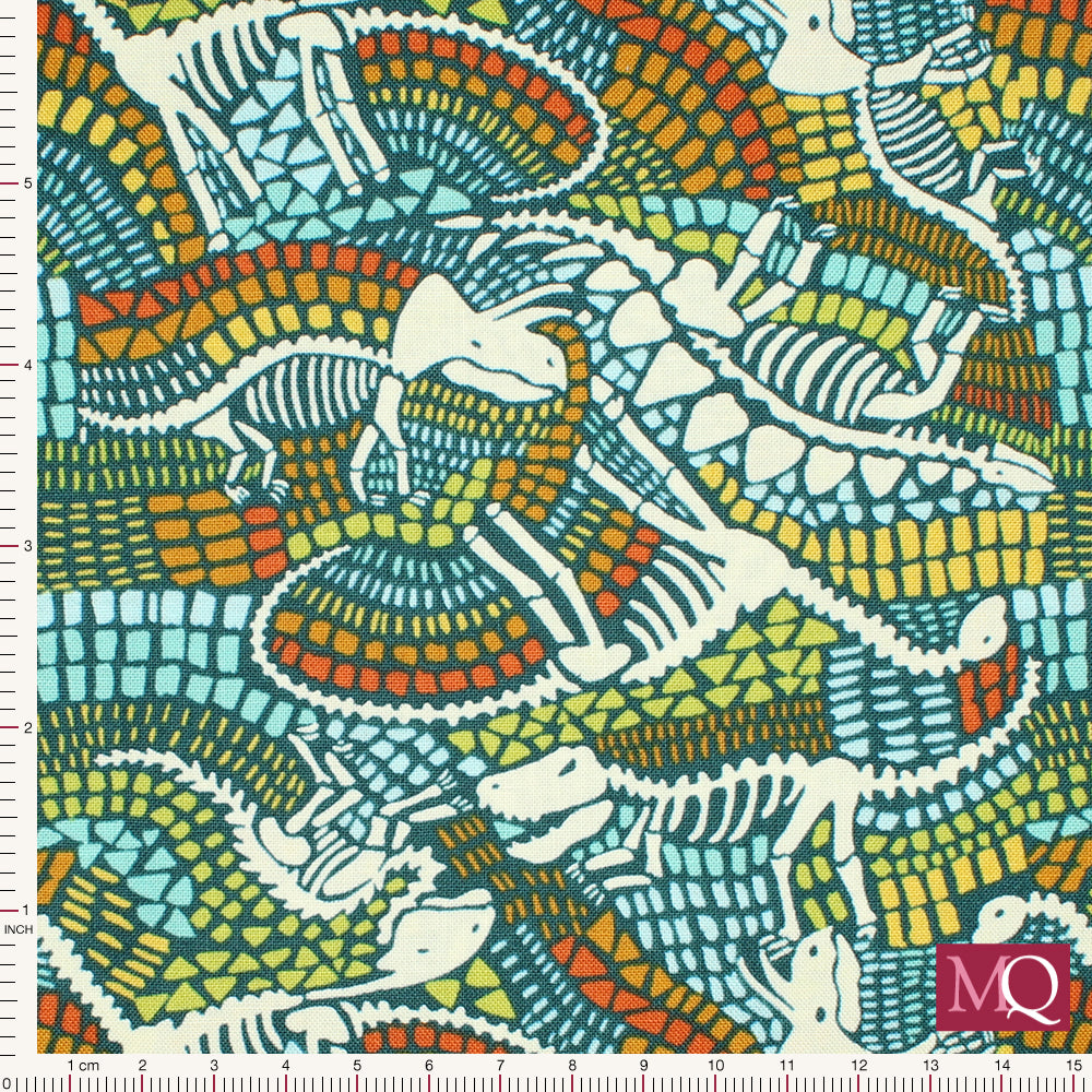 Cotton quilting fabric with abstract dinosaur print in multi colours