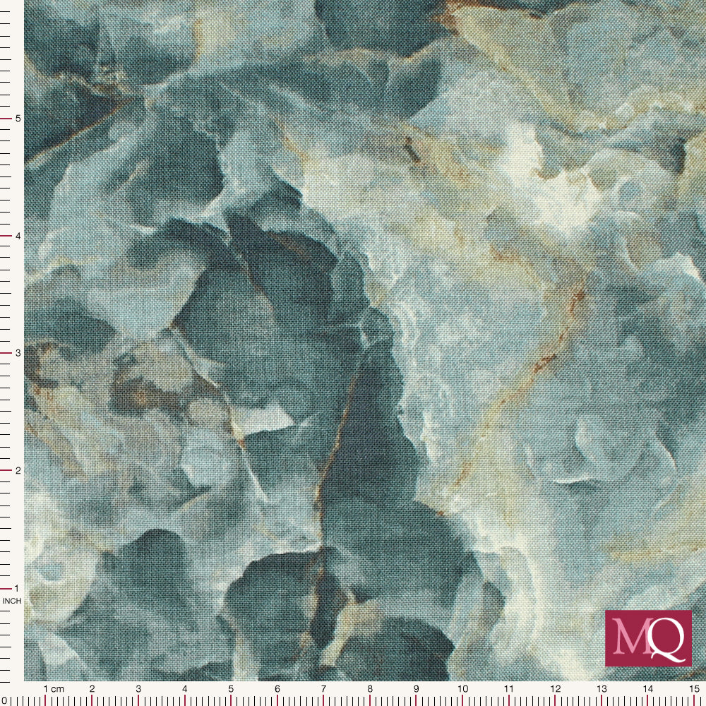 Cotton quilting fabric with natural marble effect in teal with brown seams