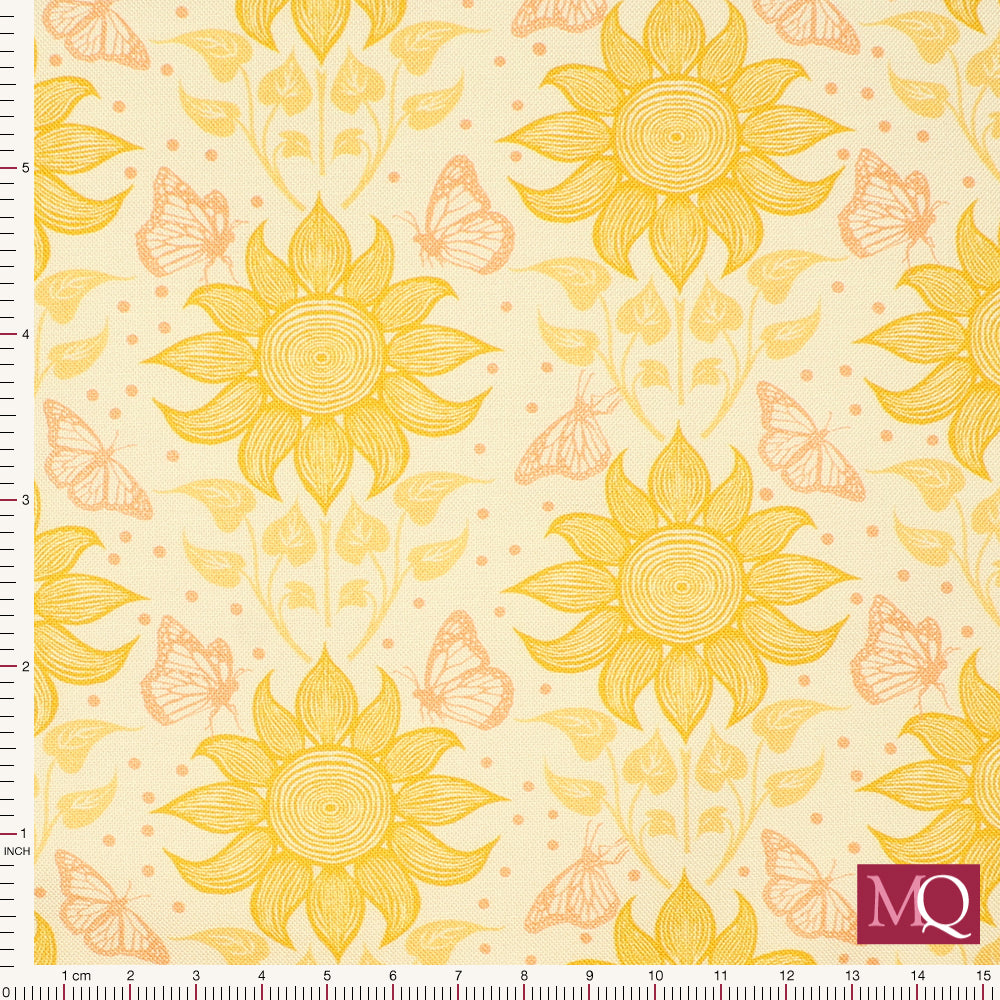 Cotton quilting fabric with bright yellow sunflowers and delicate muted orange butterflies in a symmetrical design