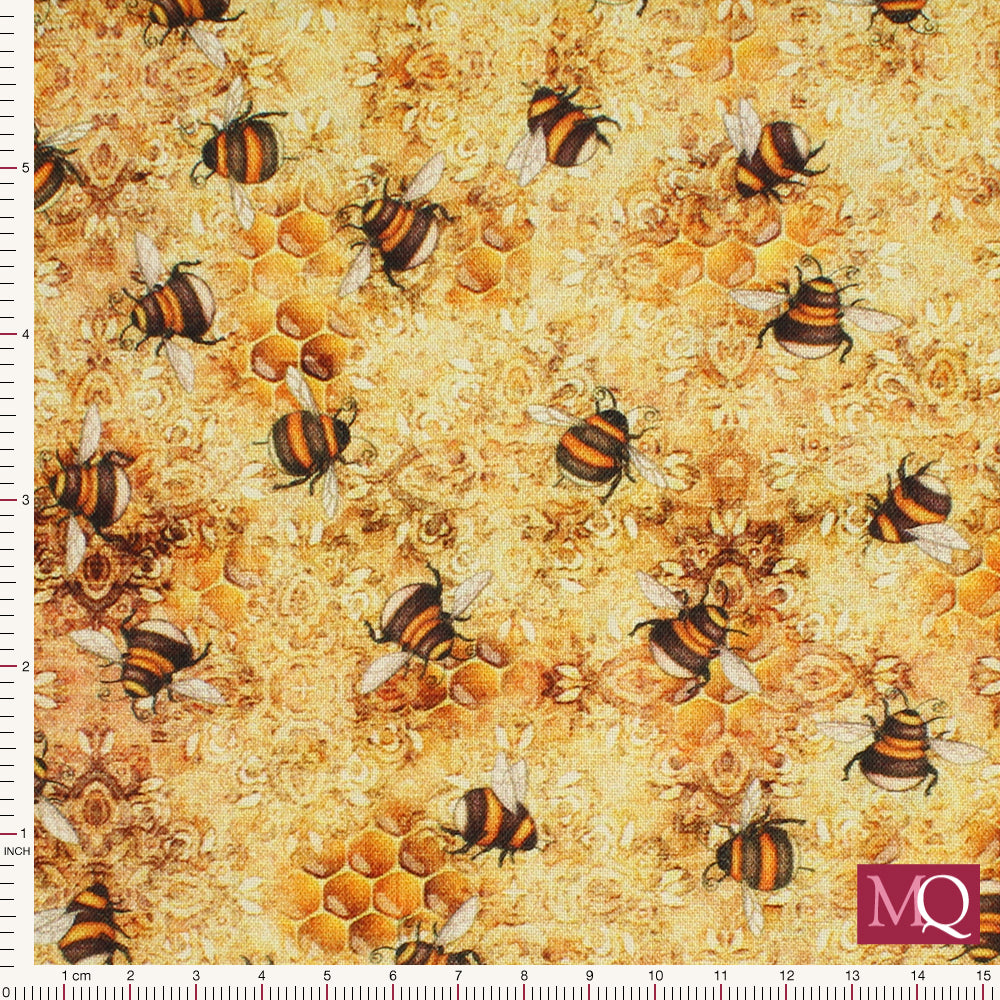 Cotton quilting fabric featuring honey bees on a honeycomb background