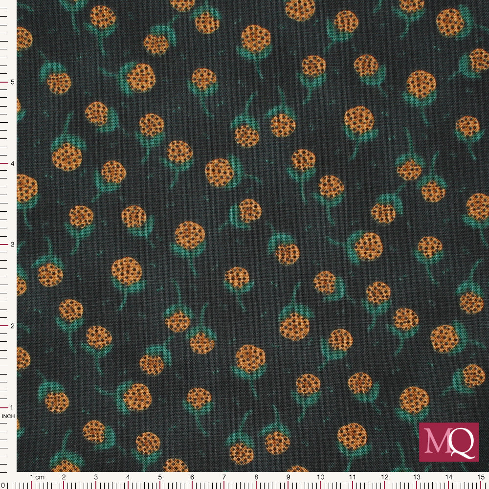 Cotton quilting fabric with simply floral design in dark colours of navy, forest green and warm orange