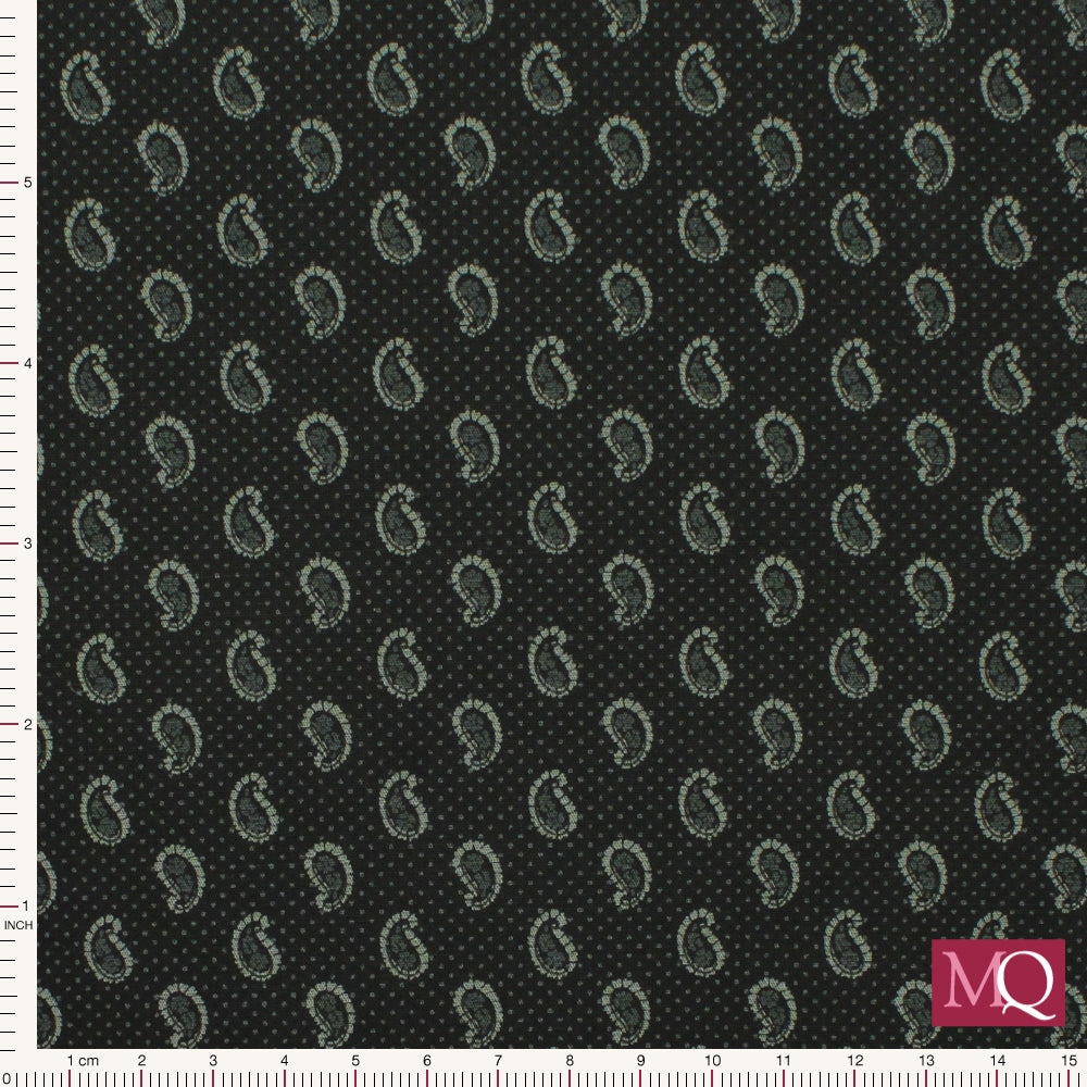 Cotton quilting fabric with traditional paisley design in tonal grey on black