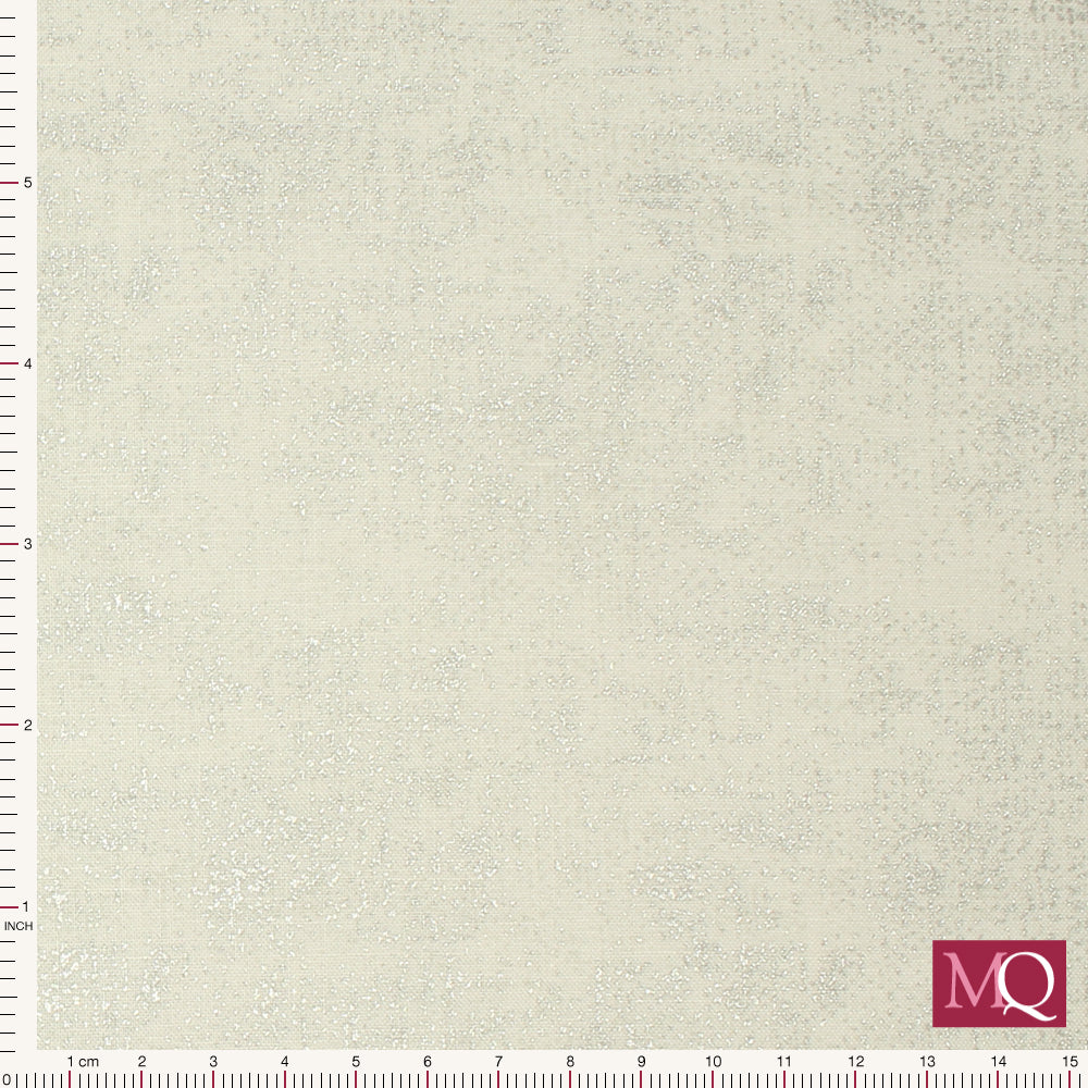 Cotton quilting fabric with subtle metallic silver texture on white background