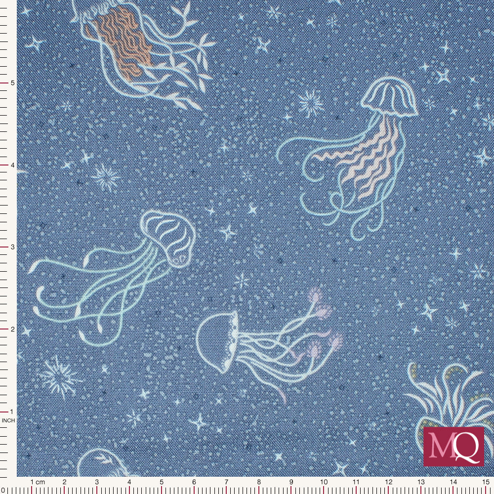 Cotton quilting fabric with dainty jellyfish outlines on a warm navy blue background with sparkling ocean highlights