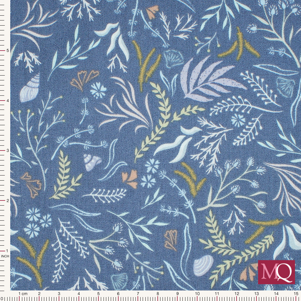 Cotton quilting fabric with sea grass and beach plants and shells on warm navy background